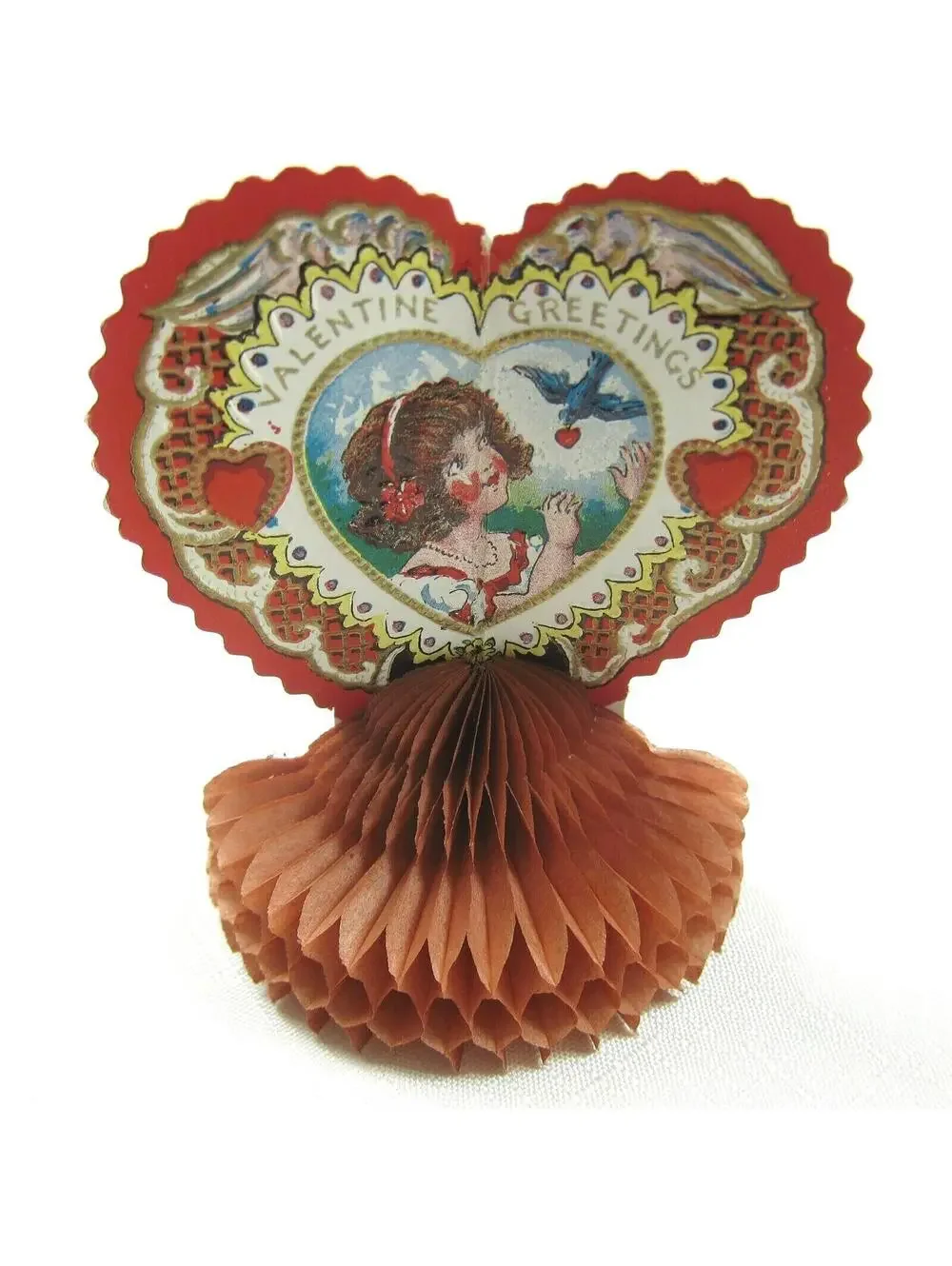 Vintage Valentine Beistle Honeycomb Stand Up Heart Girl & Blue Bird USA 1920-30s